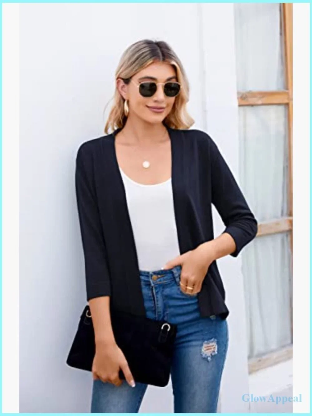 3/4 Sleeve Open Front Cropped Cardigan Sweater Lightweight Shrug
